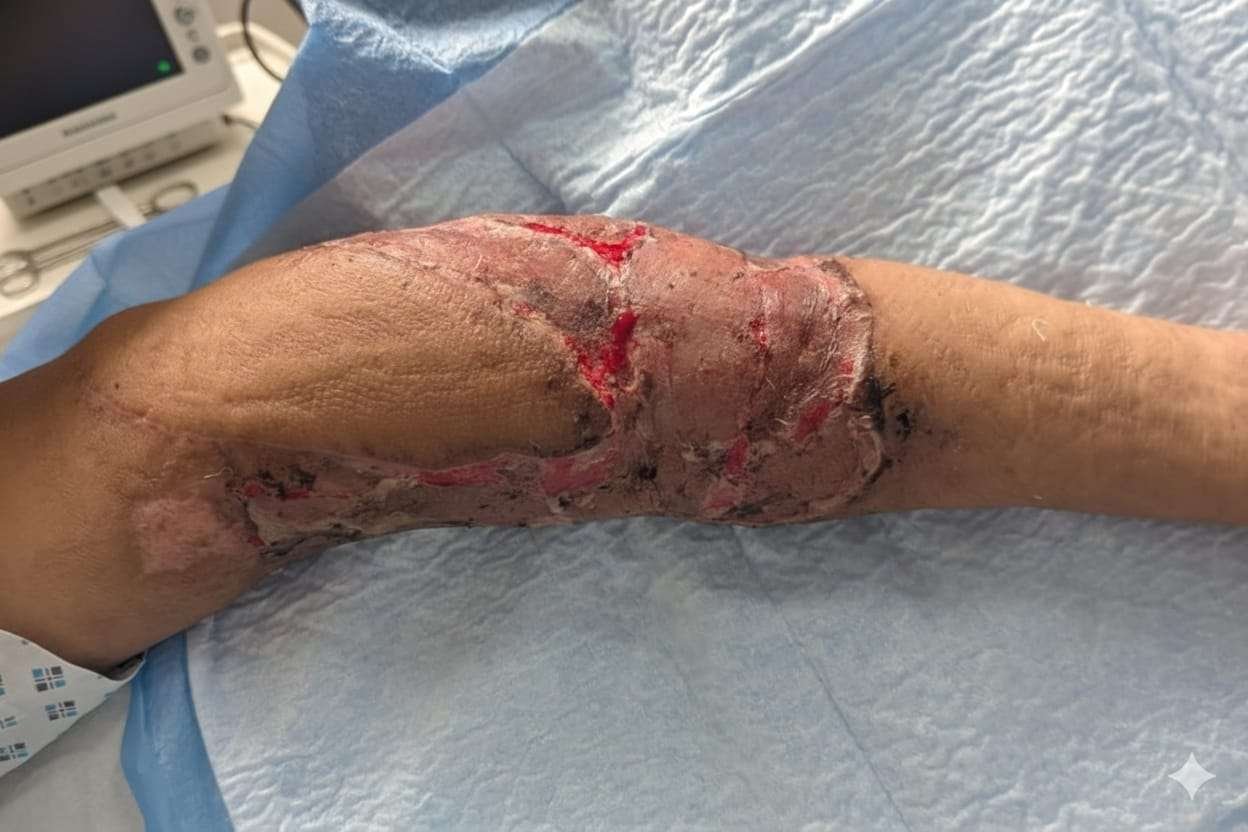 Close-up of a bandaged injured arm.