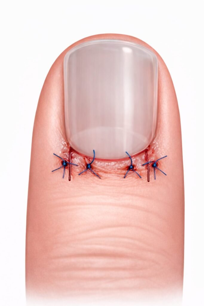 Fingernail with surgical stitches
